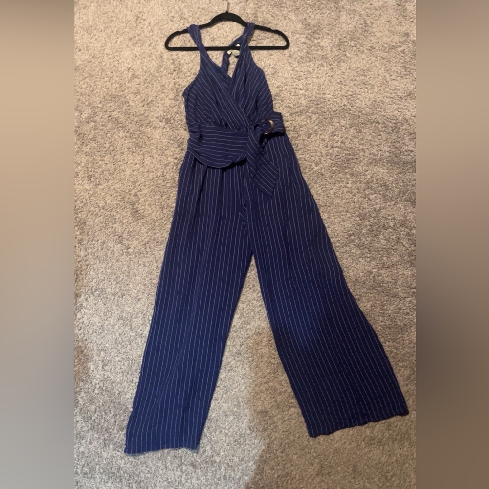 Flying Tomato Navy Pinstripe Wrap Jumpsuit with Belt